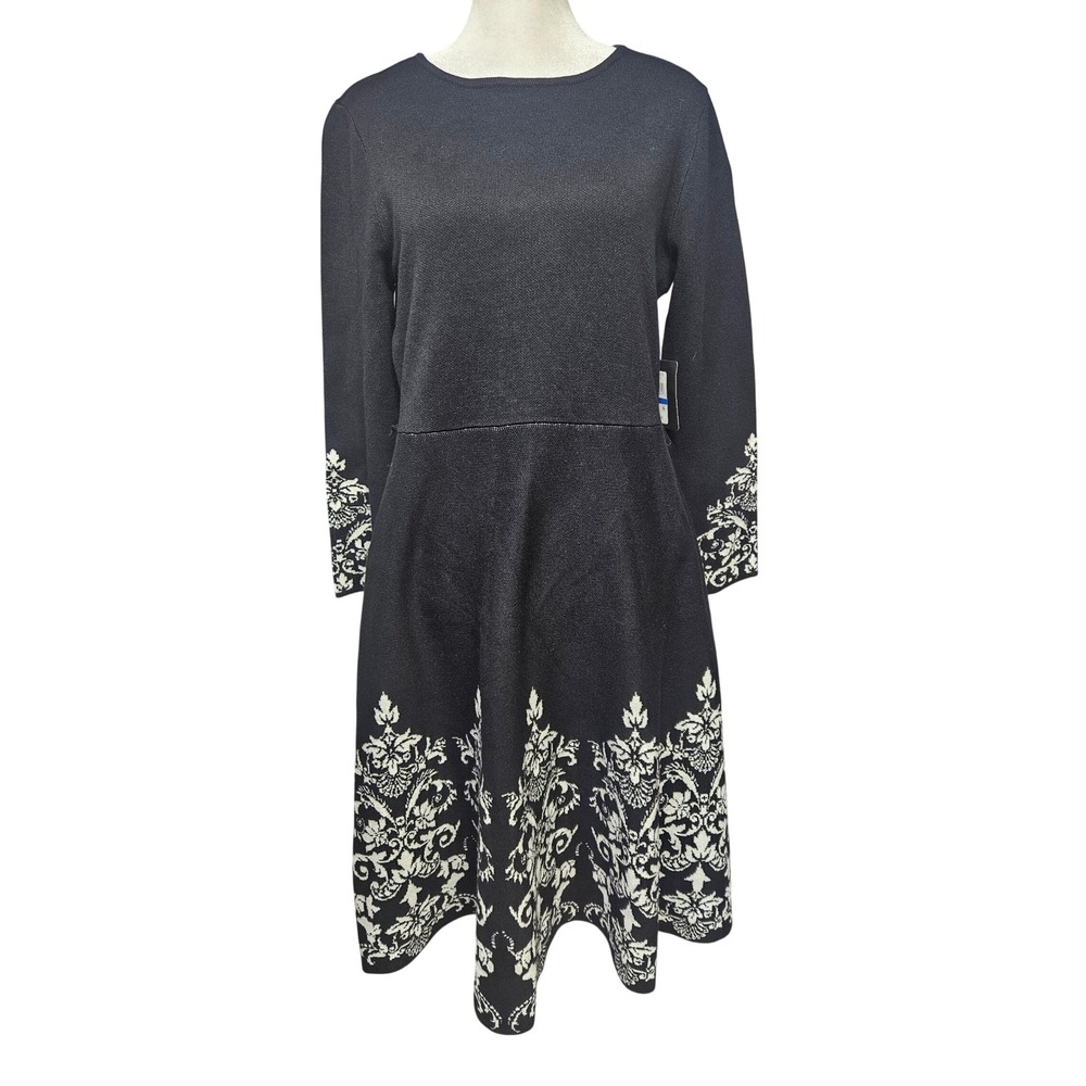 Jessica Howard Black White Damask Border Print Sweater Dress XL JC5M8181
